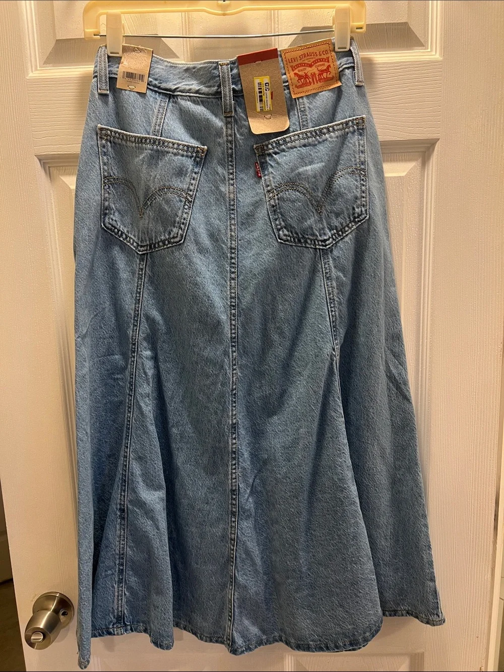 Light Blue Denim Maxi Skirt - Flared Panel Design
